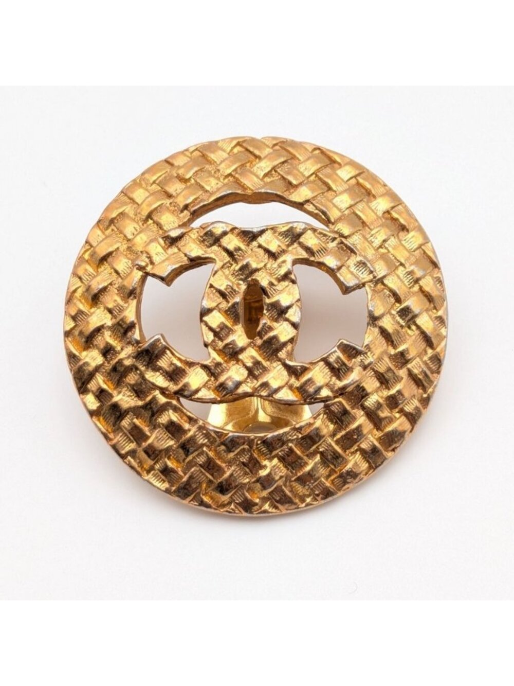 Chanel CC Logo Mesh Braided Pattern Gold Round Sheer Single Earrings First
